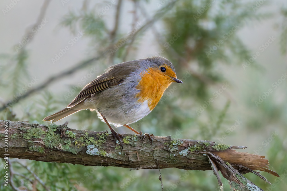 European Robin perched on a tree branch in the morning light European Robin perched on a tree branch in the morning light