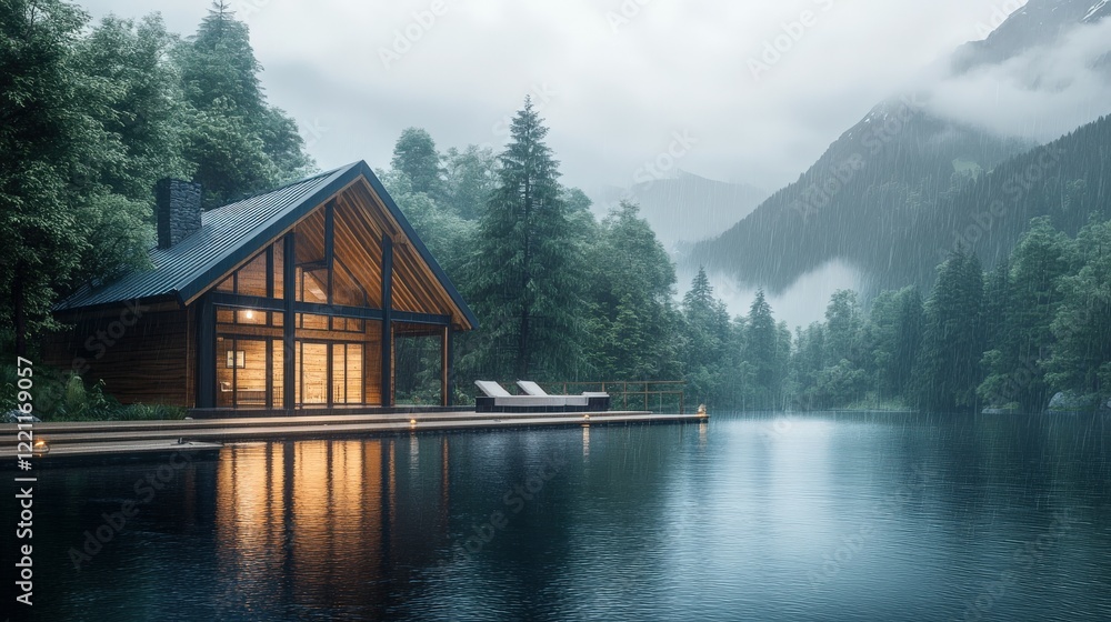 Fototapeta premium Cozy cabin by the tranquil lake surrounded by mountains