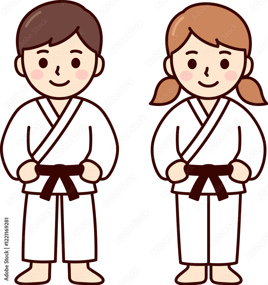 Cute cartoon kids in martial arts uniform (gi). Boy and girl karate, aikido, judo students. Simple drawing, vector clip art illustration. Cute cartoon kids in martial arts uniform (gi). Boy and girl karate, aikido, judo students. Simple drawing, vector clip art illustration.
