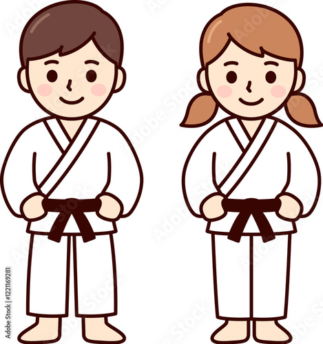 Cute cartoon kids in martial arts uniform (gi). Boy and girl karate, aikido, judo students. Simple drawing, vector clip art illustration.