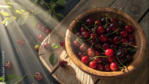 Sunlit Cherries in Wooden B...
