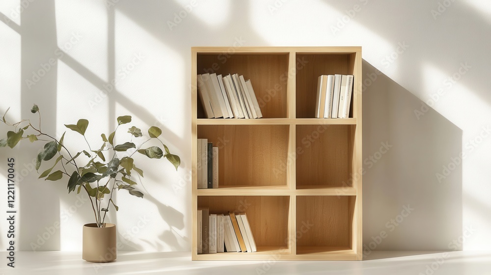 Minimalist Bookshelf with Natural Light and Greenery Minimalist Bookshelf with Natural Light and Greenery