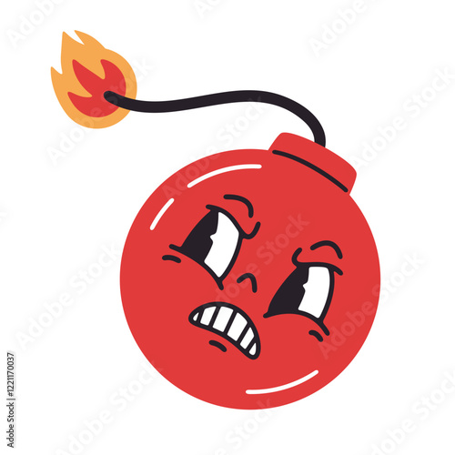 Cartoon red bomb. Cute bomb character, funny bomb mascot with comical face emotions flat vector illustration. Comic bombshell with burning wick