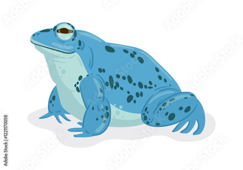 Cartoon frog. Tropical rainforest toad, amphibian animal, cute blue toad flat vector illustration. Toad on white background