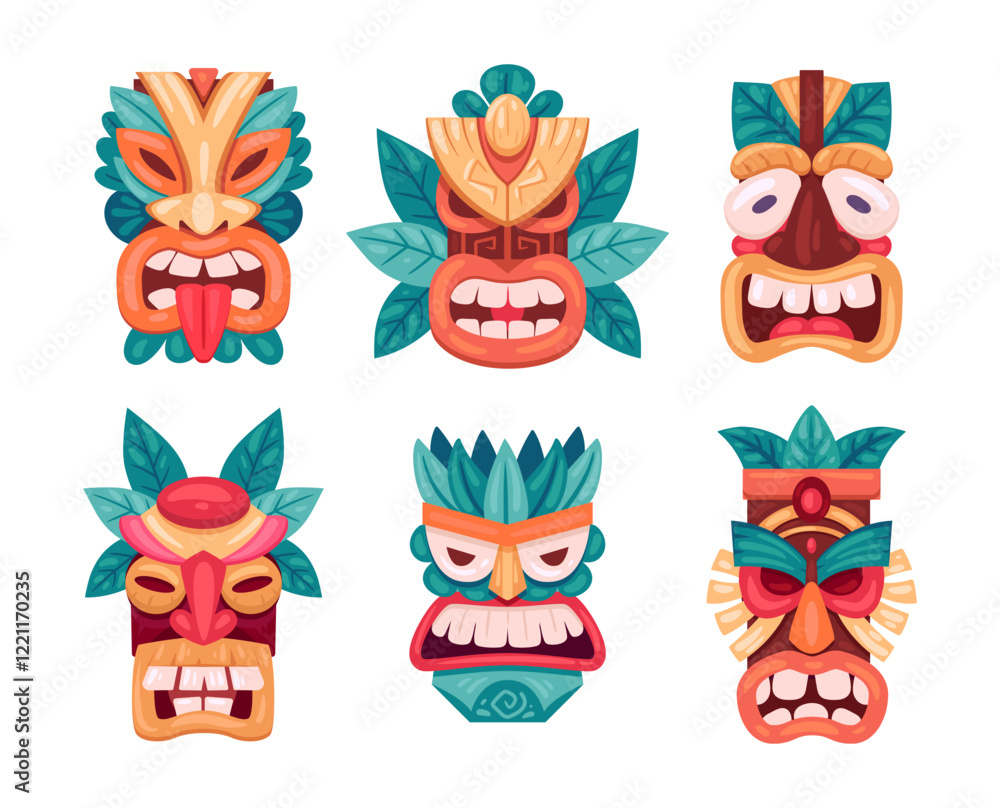 Obraz premium Ceremonial tribal masks. Cartoon african and hawaiian wooden masks, ethnic tiki totems flat vector illustration set. Ritual aztec or african idols