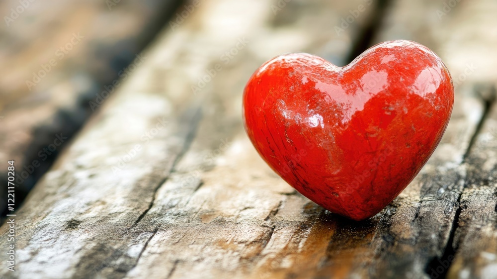 Fototapeta premium Shiny red heart on rustic wood surface