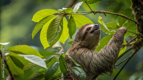 Three-toed Sloth Feeding on...