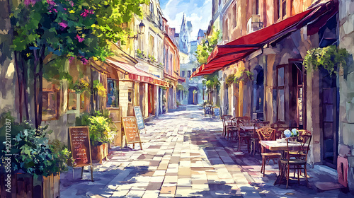 Fototapeta Naklejka Na Ścianę i Meble -  Watercolor-style painting of a classic street with cafes and charming architectural buildings 