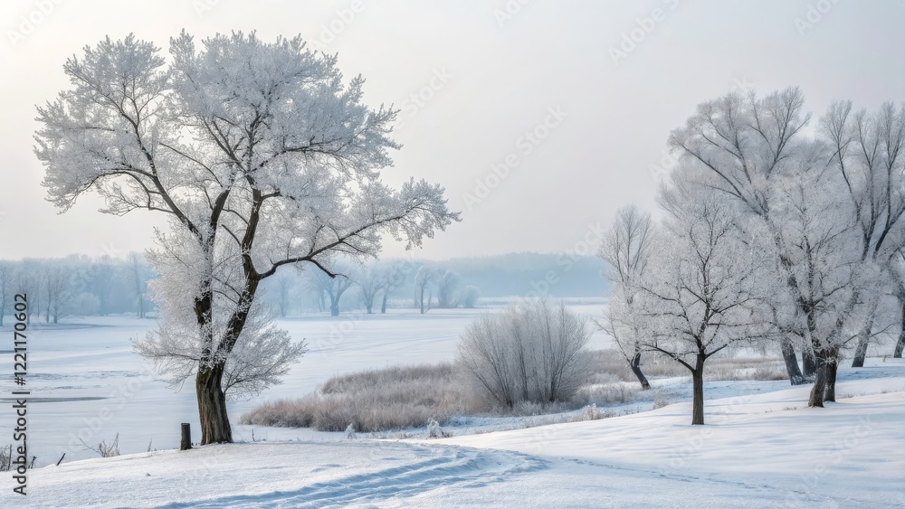 Winter Landscape Frost-Covered Trees by Frozen Lake, Panoramic Composition, Cold Serenity, Winter Scenery Winter Photography, Frosty Trees Winter Landscape Frost-Covered Trees by Frozen Lake, Panoramic Composition, Cold Serenity, Winter Scenery Winter Photography, Frosty Trees