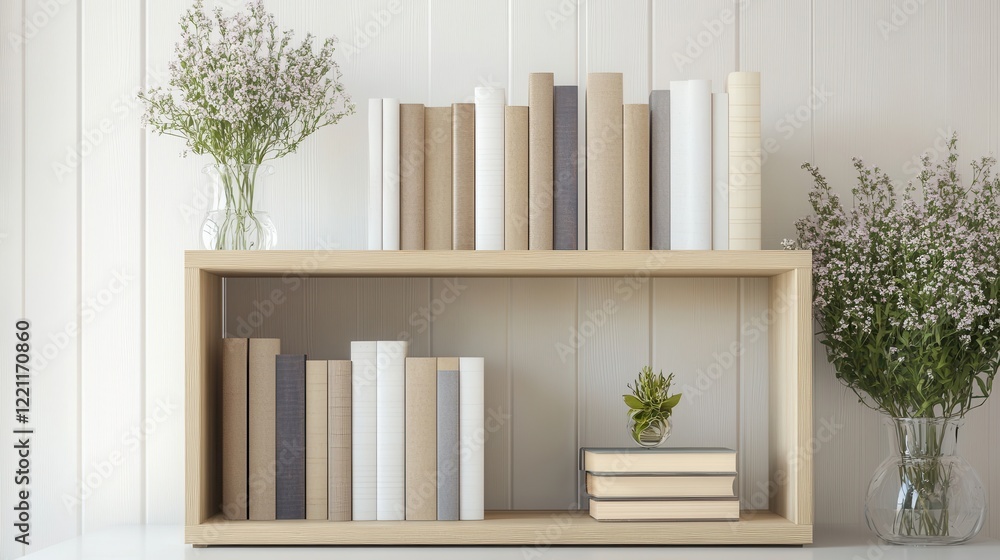 Minimalist Shelf with Neutral Books and Flowers