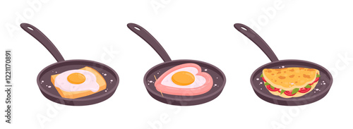 Fried eggs in pan. Cartoon scrambled and stuffed eggs, chicken eggs tasty breakfast dishes flat vector illustration set. Tasty fried eggs in frying pan