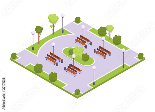 Isometric parkland. Urban city park with benches and trees, modern urban garden 3d vector illustration. City parkland environment