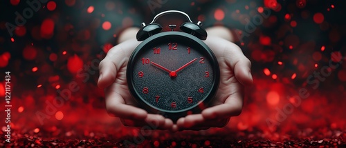 A close-up shot of hands holding a black alarm clock against a vivid red background. This image symbolizes the passage of time and the importance of time management in daily life.