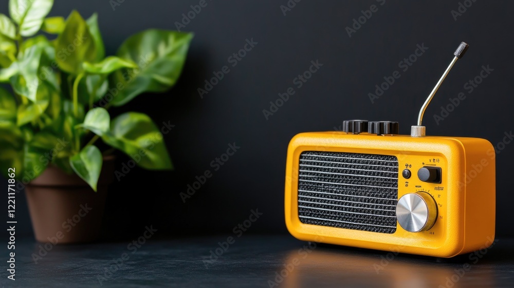 Obraz premium Retro yellow radio next to green potted plant on dark background