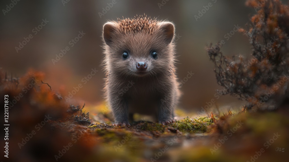 Naklejka premium Adorable Baby Hedgehog in Autumn Forest