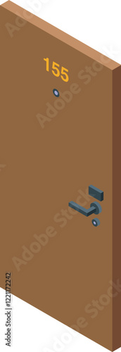 Brown hotel room door number 155 with handle, peephole, and electronic lock is showing security features in isometric view