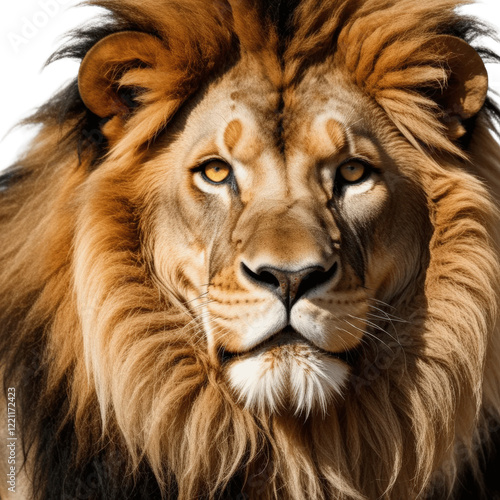 A vibrant, high-resolution image of a majestic lion standing on a pure white background, perfect for wildlife conservation campaigns or branding that evokes strength and power. photo