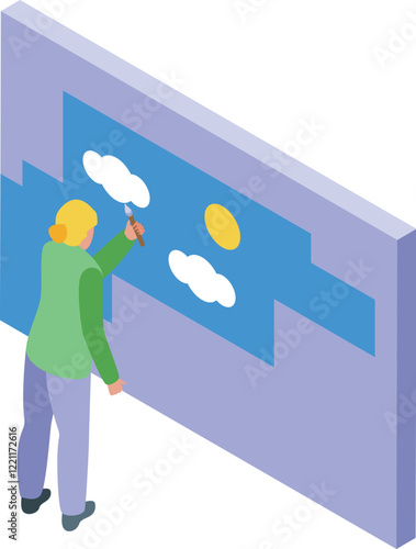Talented street artist painting a vibrant mural of a blue sky with clouds and sun on a building wall, adding color and life to the urban environment