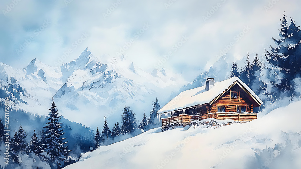 Watercolor-style painting of a mountain cabin with panoramic views of snowy peaks Watercolor-style painting of a mountain cabin with panoramic views of snowy peaks