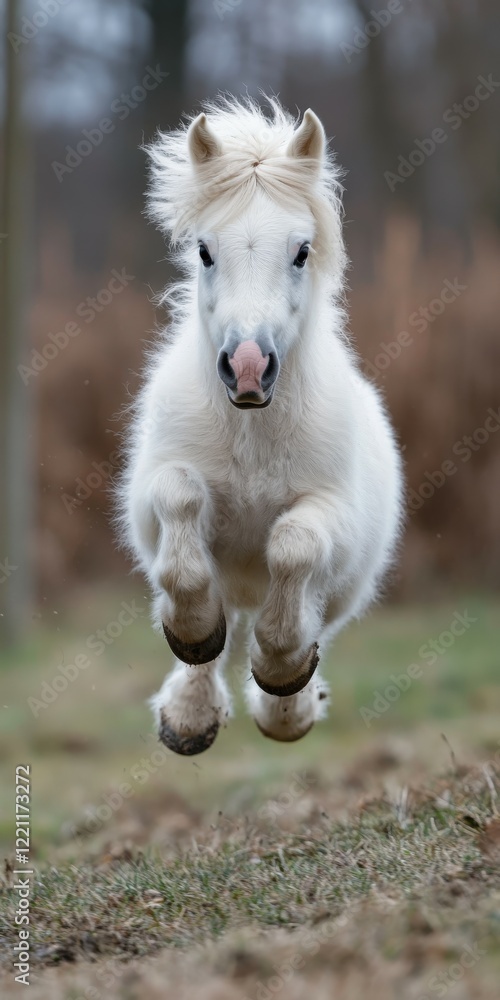 Fototapeta premium White pony leaping joyfully across a grassy field