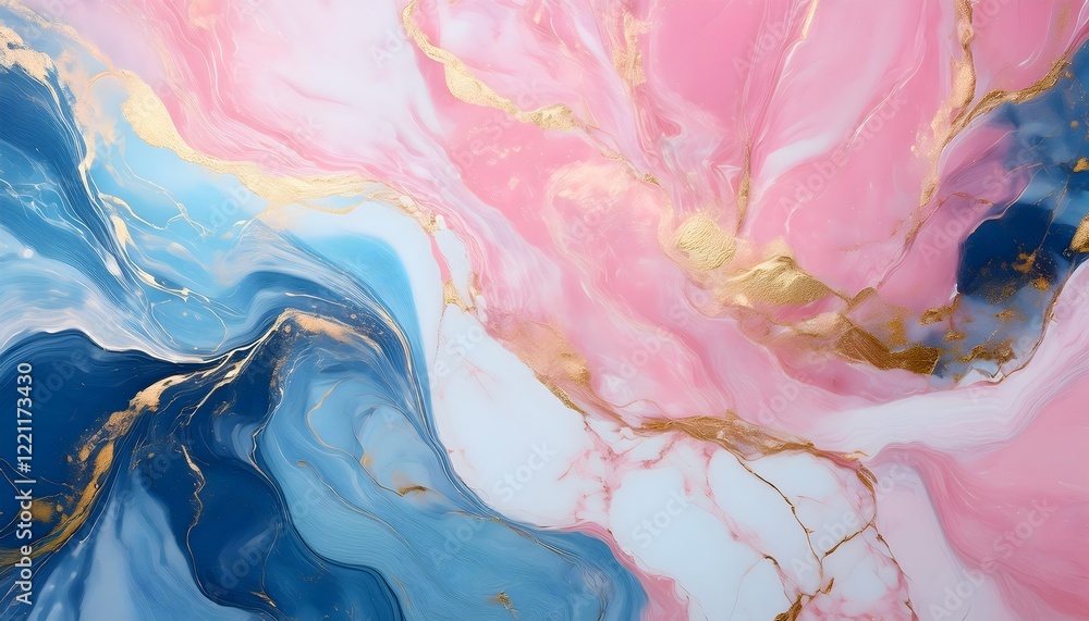 Fototapeta premium Abstract light pink and light blue marble liquid texture with gold splashes, luxury marble and gold waves background