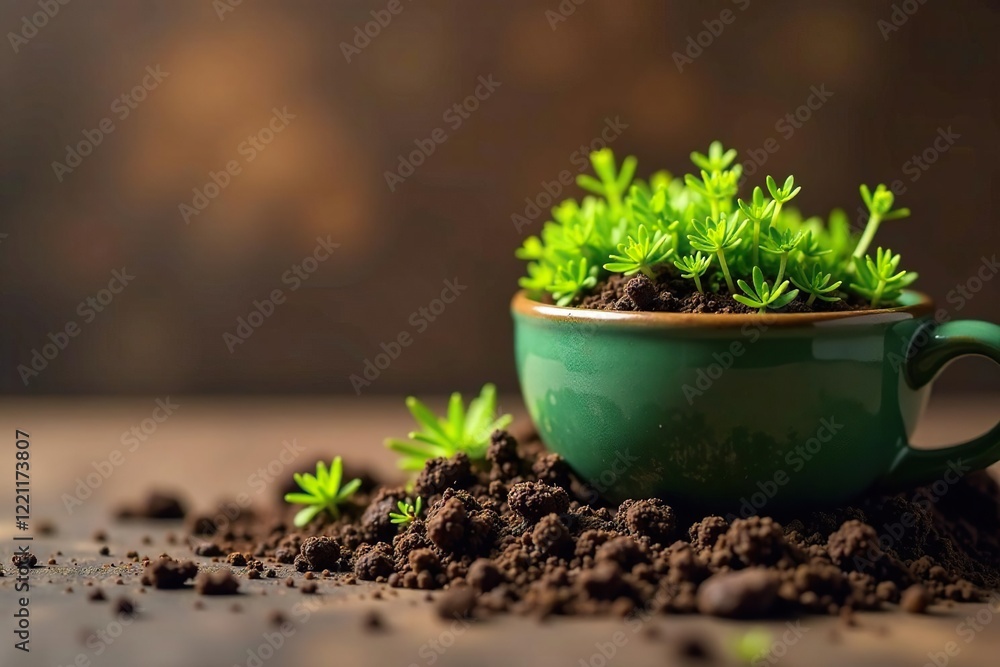 Brown background with a crushed green ceramic cup and soil containing small mosses, potting soil, earthy tones, botanical Brown background with a crushed green ceramic cup and soil containing small mosses, potting soil, earthy tones, botanical