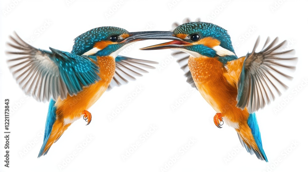 Obraz premium Two Kingfishers in Flight, Facing Each Other