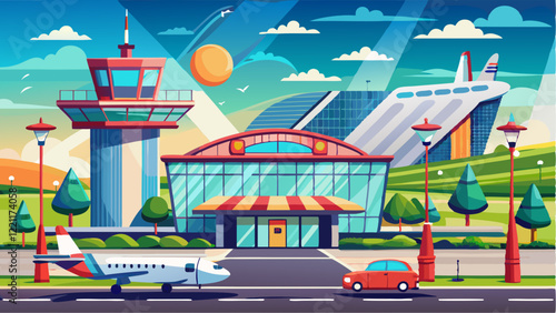 Colorful airport terminal with a control tower, airplane on the runway, parked car, futuristic architecture, vibrant landscape, sunny sky, and lush green surroundings photo