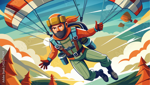 Dynamic illustration of a skydiver mid-flight with an orange parachute, giving a thumbs-up, surrounded by a vibrant landscape of mountains, forests, and a colorful sky