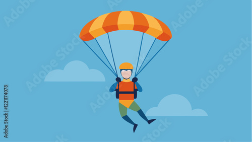 Parachutist gliding through the sky with a vibrant orange and yellow parachute, wearing safety gear against a blue background with scattered clouds