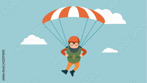 Minimalistic illustration of a parachutist descending with an orange and white parachute against a blue sky with scattered clouds