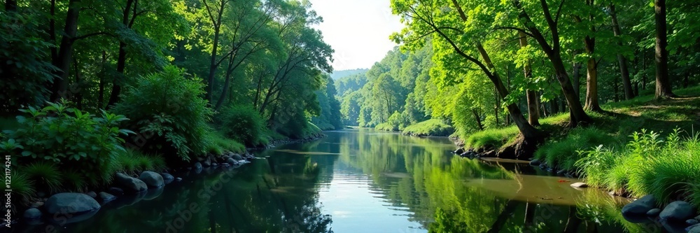 Dense foliage surrounds the river's gentle flow, forest, water Dense foliage surrounds the river's gentle flow, forest, water