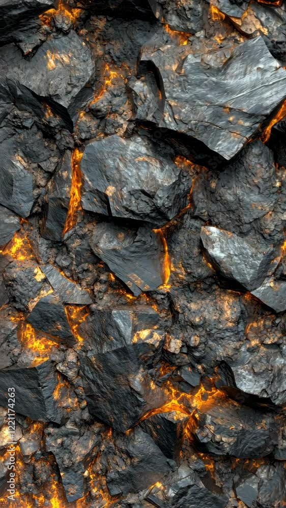 Dark volcanic rock formation illuminated by fiery lava glow in an active geothermal area Dark volcanic rock formation illuminated by fiery lava glow in an active geothermal area