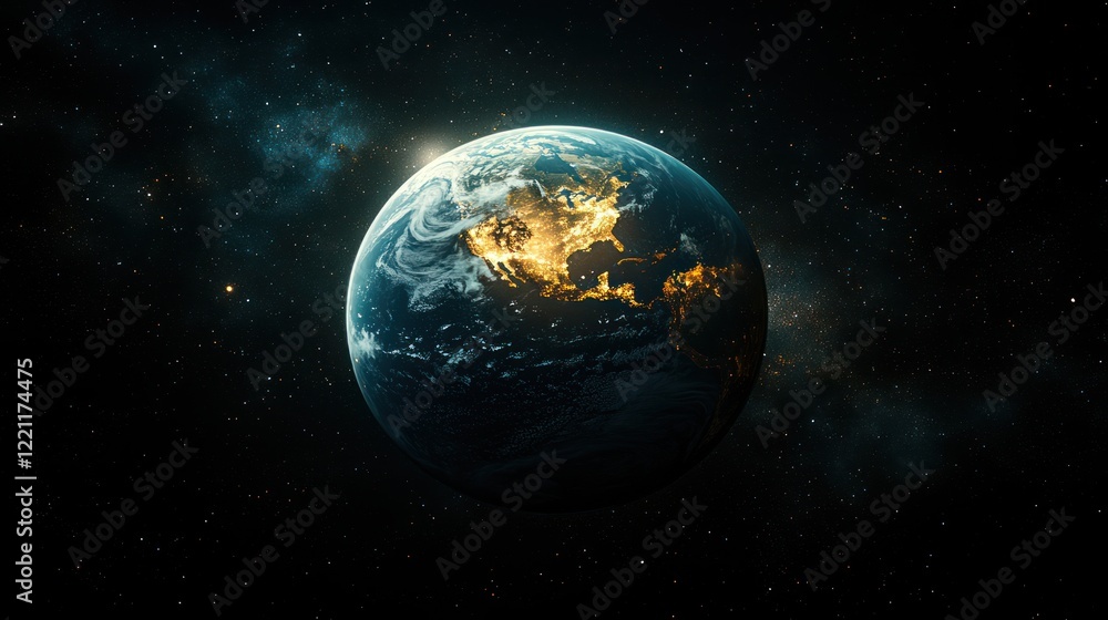 Earth at night, space view, city lights, galaxy background, environmental conservation Earth at night, space view, city lights, galaxy background, environmental conservation