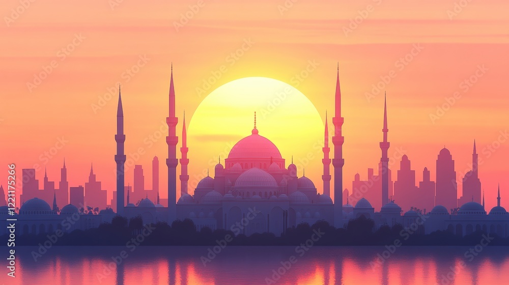 Fototapeta premium Sunset over Mosque and City Skyline