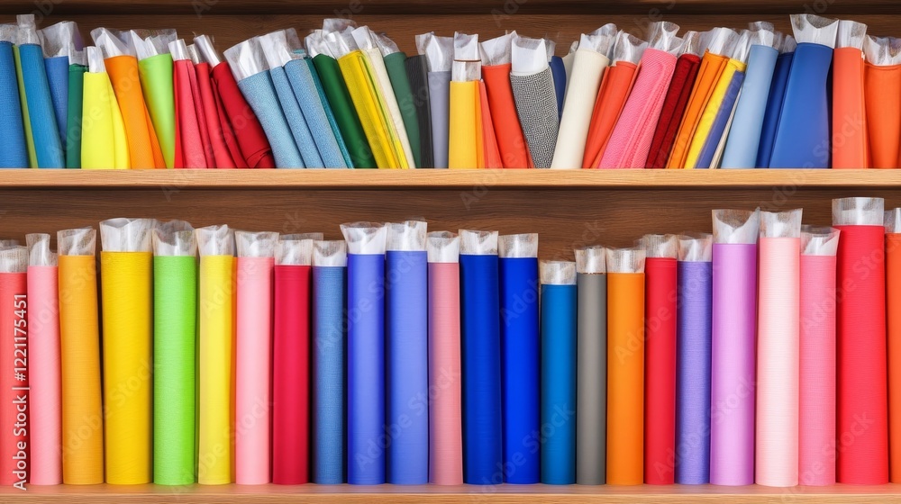 Colorful Bookshelf Collection - A vibrant image showcasing two shelves filled with colorful books, each neatly arranged and protected with plastic covers. Colorful Bookshelf Collection - A vibrant image showcasing two shelves filled with colorful books, each neatly arranged and protected with plastic covers.
