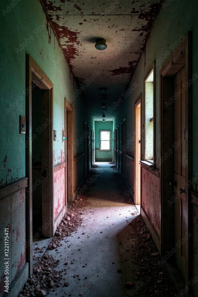 Fototapeta premium Creepy abandoned asylum walls, hospital, eerie