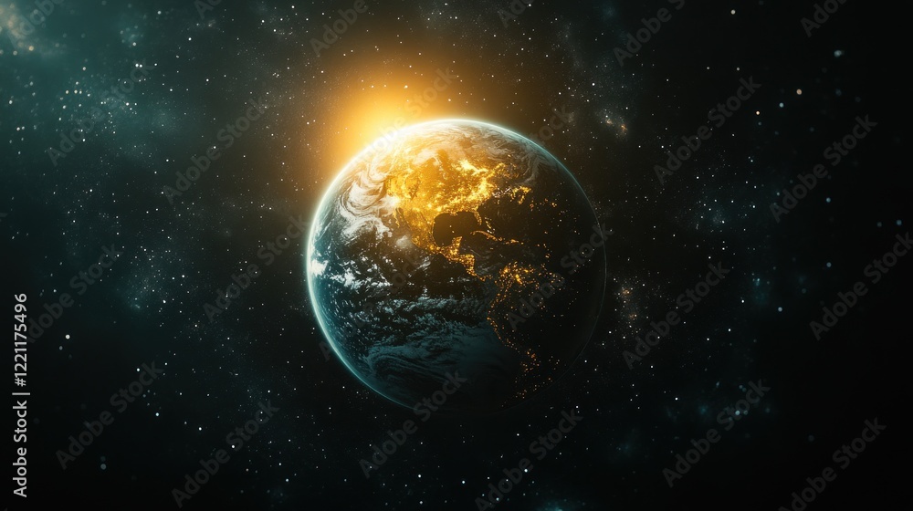 Obraz premium Earth sunrise, space backdrop, planet, gold light, global view, environmental concept, stock photo