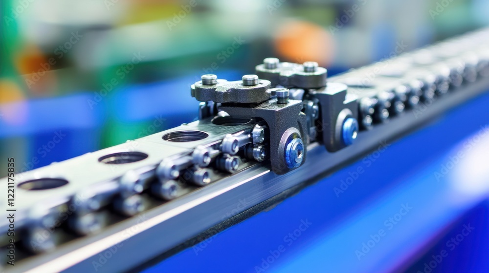 Close-up of a precision industrial conveyor system with shiny metal components in a workshop Close-up of a precision industrial conveyor system with shiny metal components in a workshop