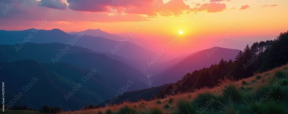 Obraz premium Gentle sunrise over rolling mountains and valleys, dawn, mountain, sunrise