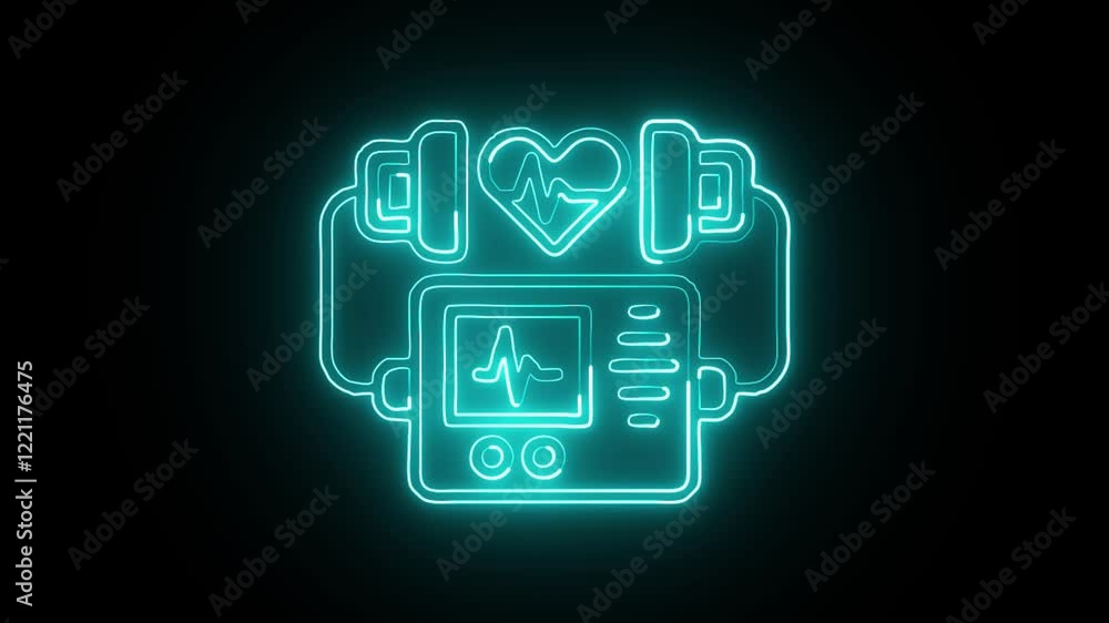 glowing neon defibrillator icon isolated on black background. HD video motion graphic animation glowing neon defibrillator icon isolated on black background. HD video motion graphic animation