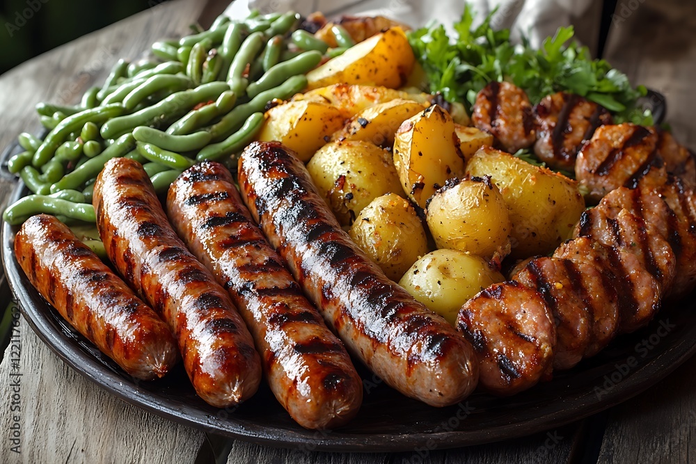 A BBQ platter with a variety of grilled sausages, complemented by a hearty potato and green bean salad.