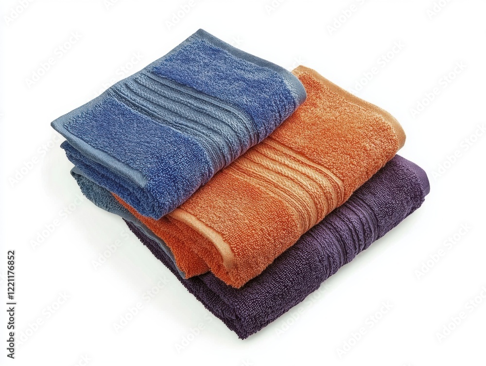 Stack of Folded Towels in Blue, Orange, and Purple Stack of Folded Towels in Blue, Orange, and Purple