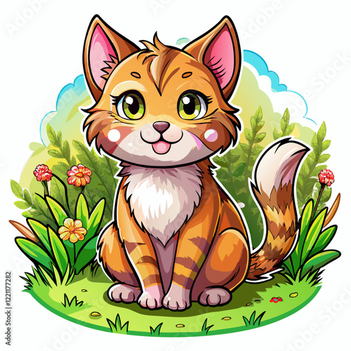 Vector illustration of a kitten on the grass on white background - Generative AI
