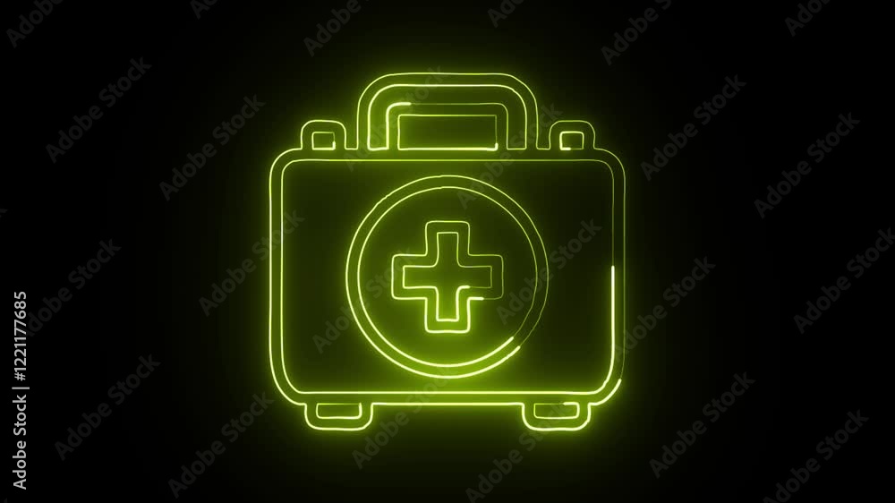 glowing neon first aid kit icon isolated on black background. HD video motion graphic animation glowing neon first aid kit icon isolated on black background. HD video motion graphic animation