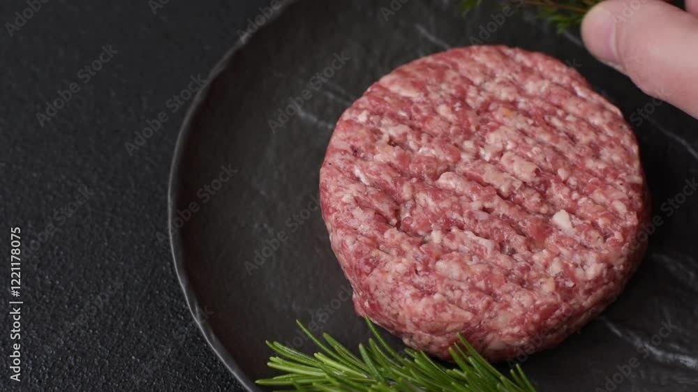 Fresh raw ground beef burger patty with salt and spices on textured concrete background Fresh raw ground beef burger patty with salt and spices on textured concrete background