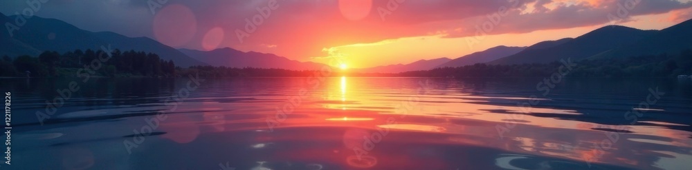 Gentle sunset glow illuminates ripples on lake surface, lake, serenity, calmness Gentle sunset glow illuminates ripples on lake surface, lake, serenity, calmness