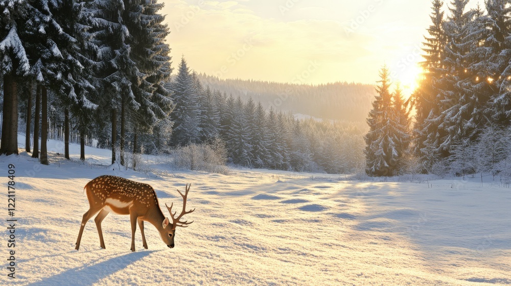 Lone Deer Grazing in a Snowy Forest Landscape Lone Deer Grazing in a Snowy Forest Landscape