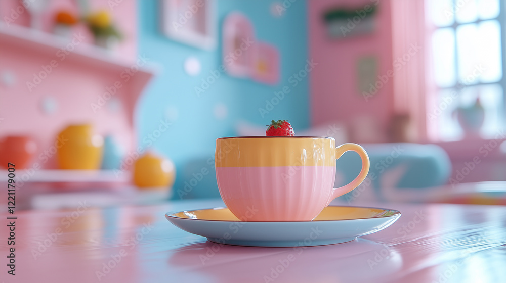 A pastel-themed dining area showcasing a delightful cup with a strawberry on a pink table, enhancing a cheerful ambiance A pastel-themed dining area showcasing a delightful cup with a strawberry on a pink table, enhancing a cheerful ambiance