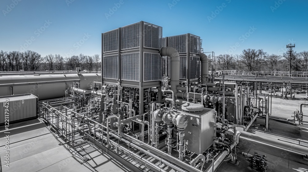 Fototapeta premium Industrial facility with cooling towers and piping infrastructure.